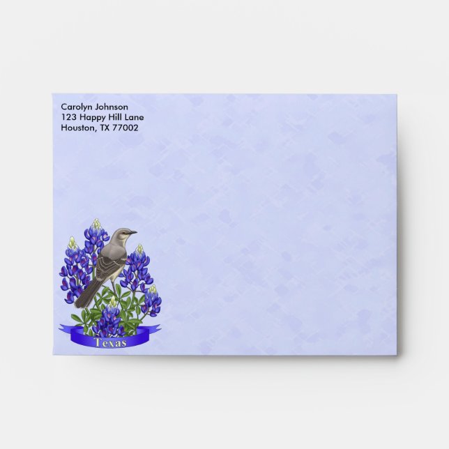Texas State Mockingbird & Bluebonnet Flower Envelope (Front)