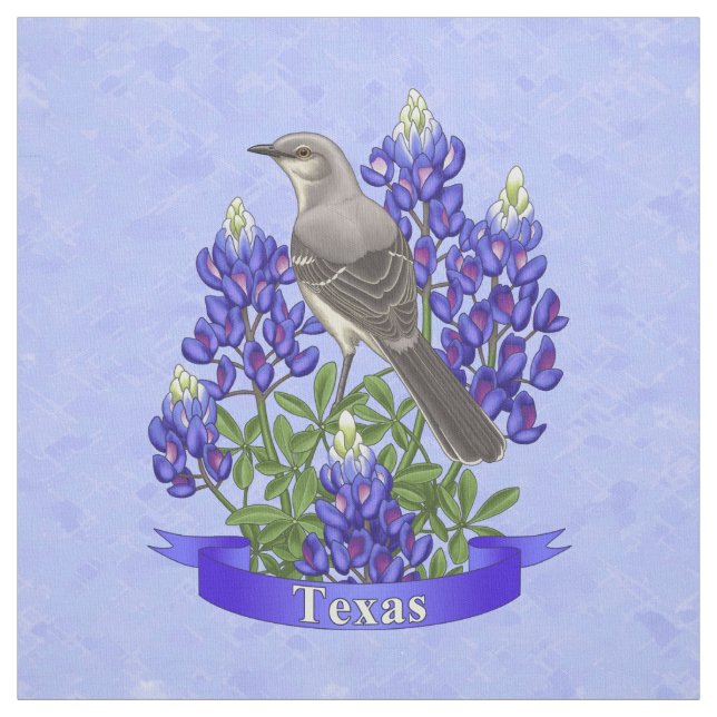 Texas State Mockingbird & Bluebonnet Flower Fabric (Swatch)