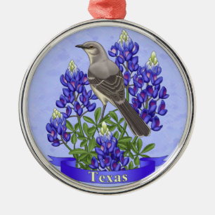 Texas State Mockingbird & Bluebonnet Flower Metal Tree Decoration