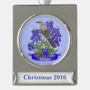 Texas State Mockingbird & Bluebonnet Flower Silver Plated Banner Ornament