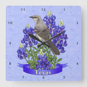 Texas State Mockingbird & Bluebonnet Flower Square Wall Clock