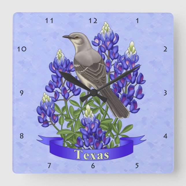 Texas State Mockingbird & Bluebonnet Flower Square Wall Clock (Front)