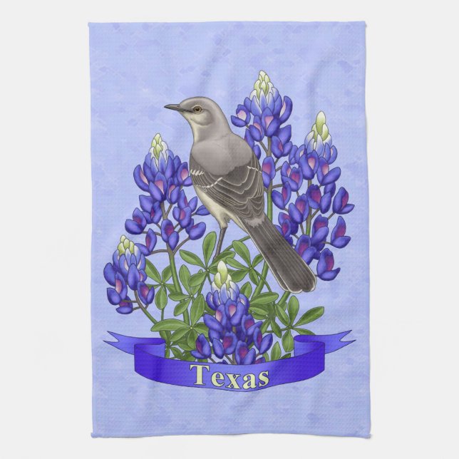 Texas State Mockingbird & Bluebonnet Flower Tea Towel (Vertical)