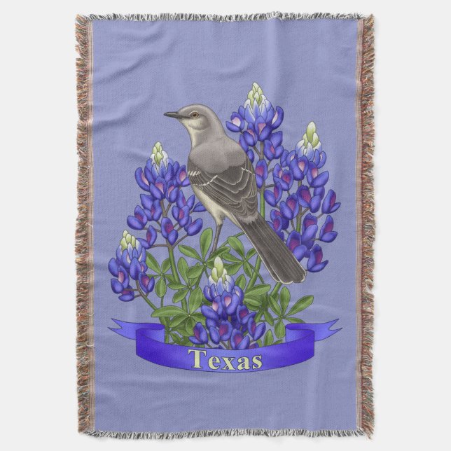 Texas State Mockingbird & Bluebonnet Flower Throw Blanket (Front Vertical)