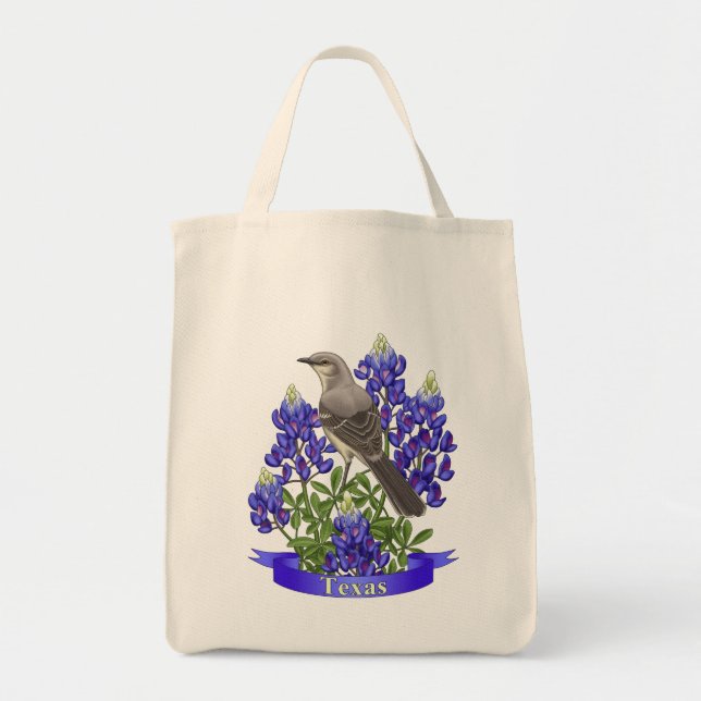 Texas State Mockingbird & Bluebonnet Flower Tote Bag (Front)