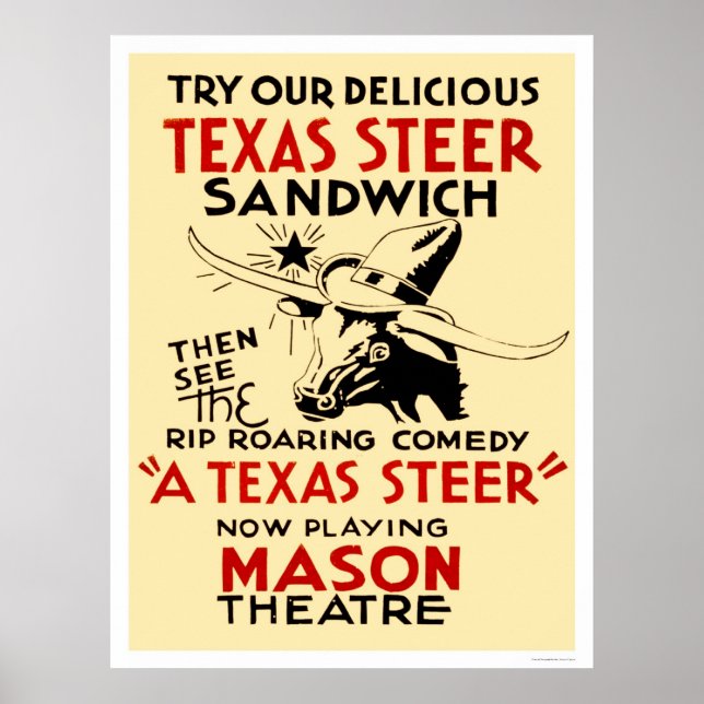 Texas Steer Sandwich 1938 WPA Poster (Front)