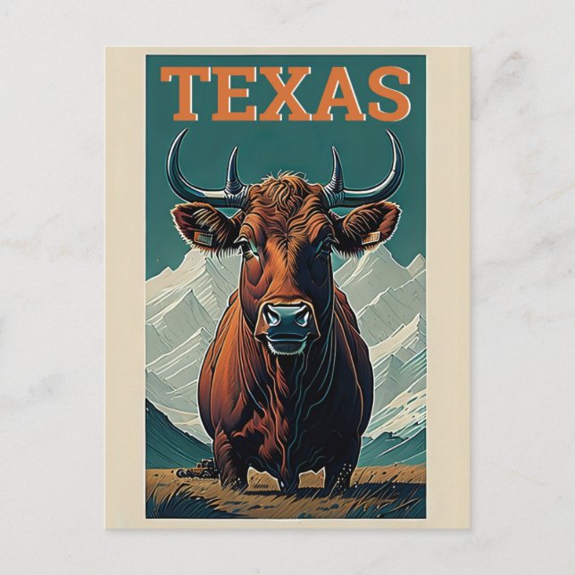 Texas Stylised Vintage Bull Retro Travel Postcard (Front)
