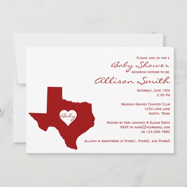 Texas Themed Red White Baby Shower Invitations (Front)
