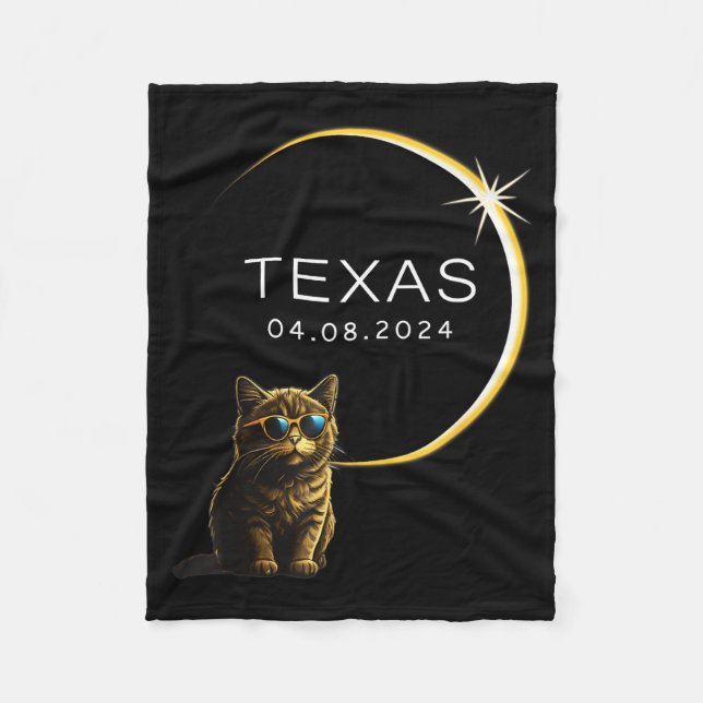 Texas Total Solar Eclipse Cat Illustration Fleece Blanket (Front)