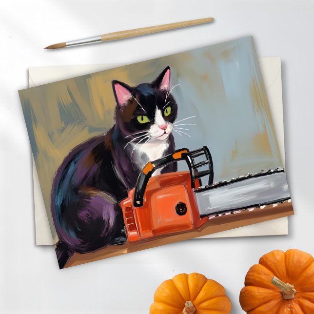 Texas Tuxedo Cat Chainsaw Massacre Funny Halloween Holiday Postcard (Creator Uploaded)