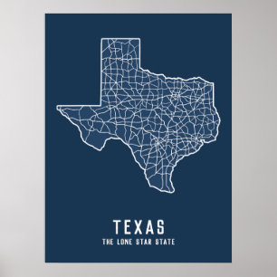 Texas US State road map - the Lone star state map Poster