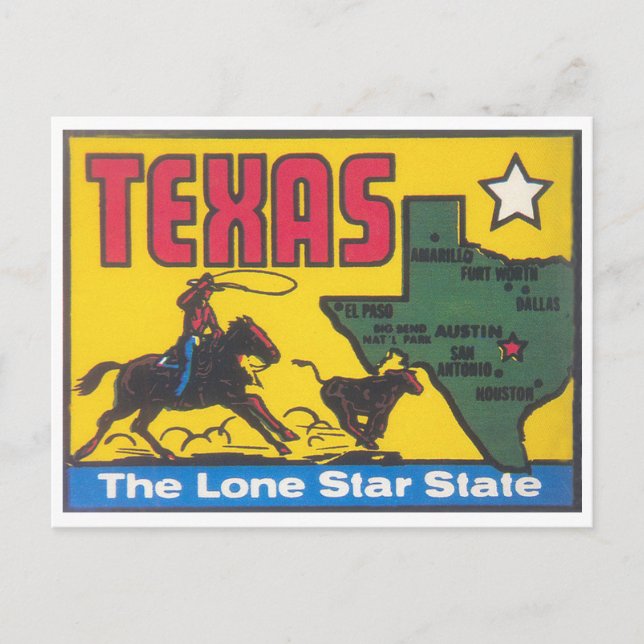 Texas vintage state decal with cowboy postcard (Front)