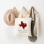 Texas Wedding Welcome Tote Bag<br><div class="desc">Welcome out of town wedding guests with a bag full of snacks and treats personalised with the state where you're getting married and the bride and groom's names and wedding date. Click Customise It to move the heart to show any city or location on the state map. Use the design...</div>