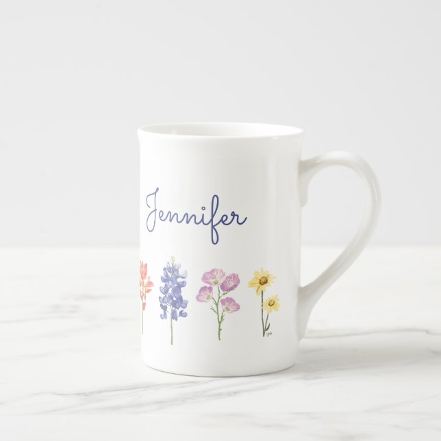 Texas Wild Flowers - Indian Paintbrush, Bluebonnet Bone China Mug (Right)