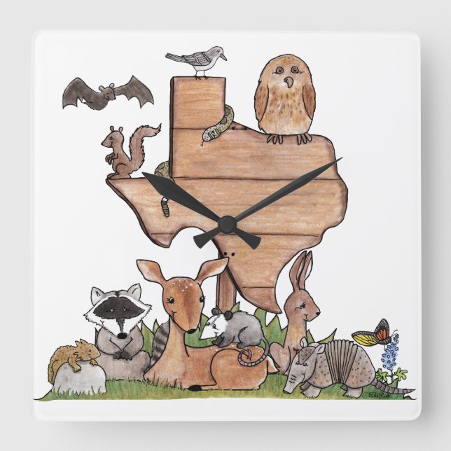 Texas Wildlife Square Wall Clock (Front)
