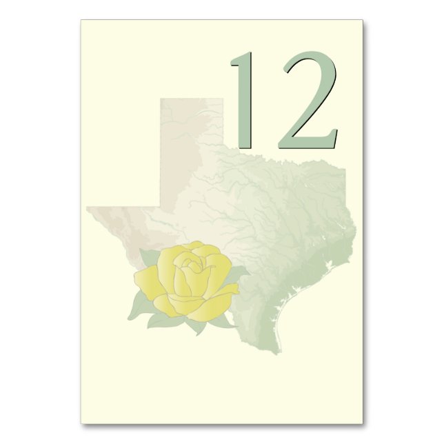 Texas Yellow Rose Wedding Table Number Card (Front)