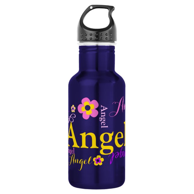 Text and flowers girls name Angel water bottle (Front)