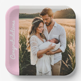 text and photo custom personalised party pink paper plate