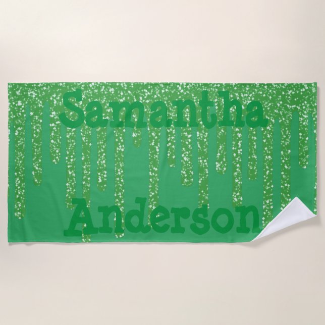 Text And Sparkly Wax Drips Green Personalised  Beach Towel (Front)