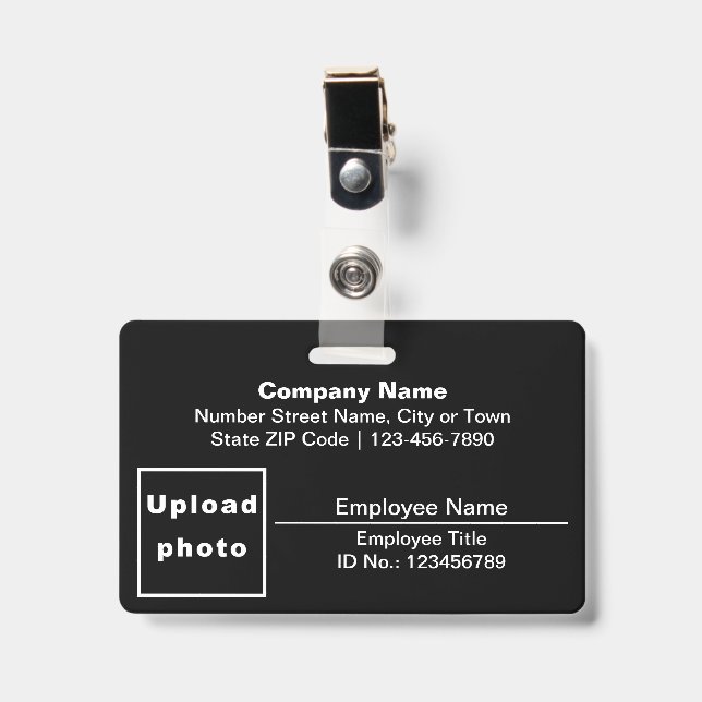 Text Based With Employee Photo Rectangle Black ID Badge (Front with Clip)