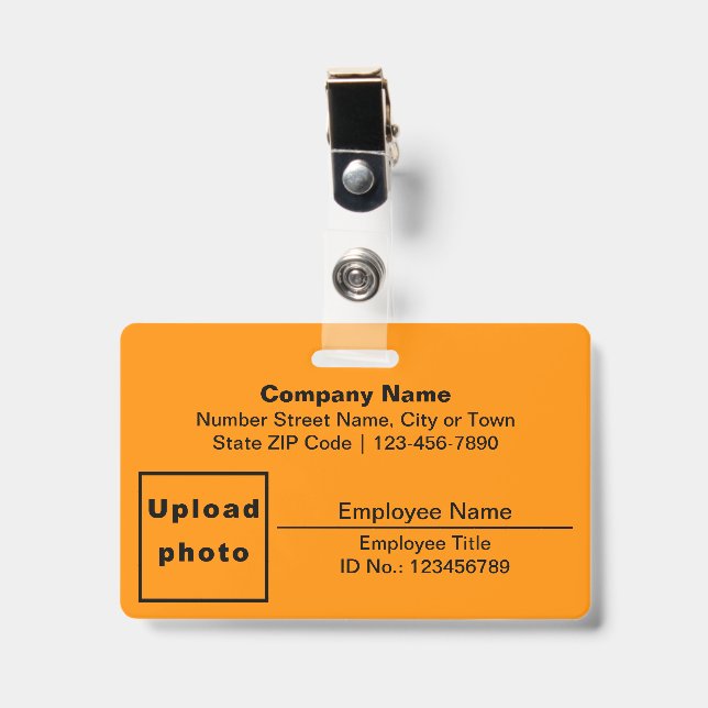 Text Based With Employee Photo Rectangle Orange ID Badge (Front with Clip)