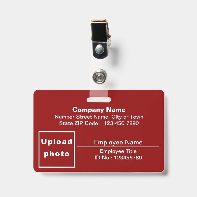 Text Based With Employee Photo Rectangle Red ID Badge (Front with Clip)