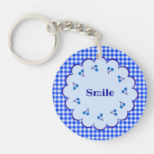 Text Custom Cherry×Check (Blue) Key Holder Key Ring