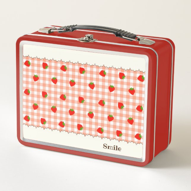Text Custom Strawberry & Check (Orange) Metal Lunc Lunch Box (Front)