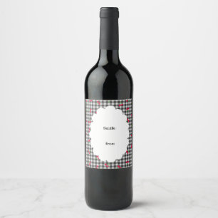 Text Customization Cherry Gingham Check Black Food Wine Label