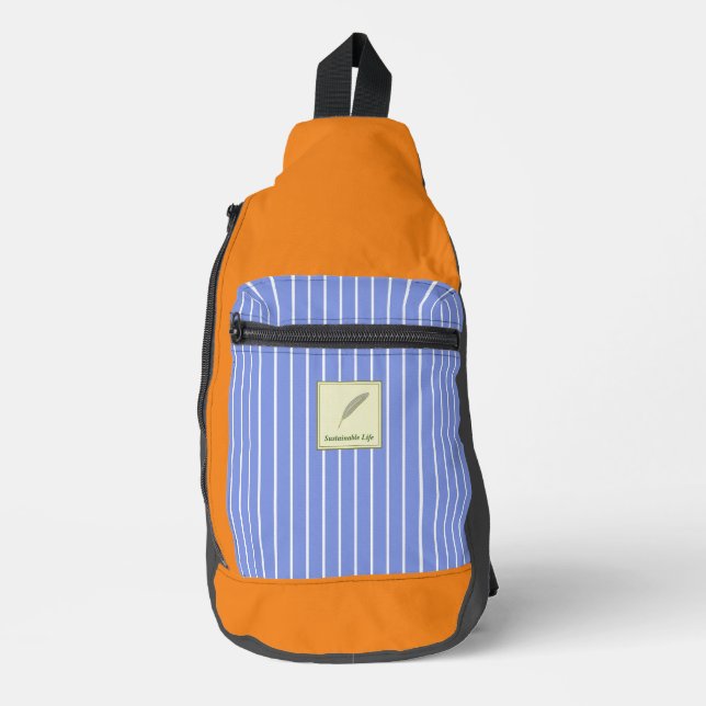 Text Customize Sustainable Life Orange Blue Stripe Sling Bag (Front)