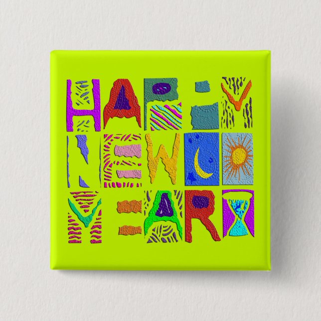 Text Design "Happy New Year" 15 Cm Square Badge (Front)