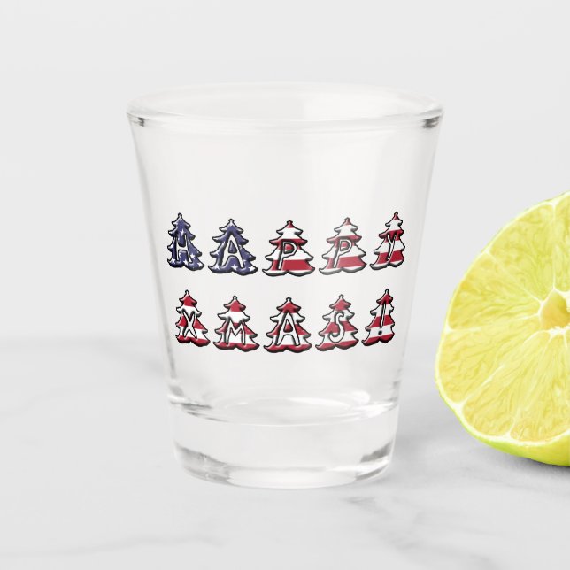 Text in Christmas Trees Happy XMAS Patriotic Shot Glass (Front)
