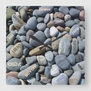Text Numerals & Pebbles Rustic Square Wall Clock