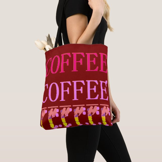 Text words coffee with patterns red brown colours tote bag (Close Up)