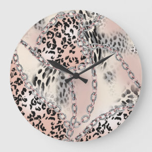 Textile Leopard: Floral Chain Pattern. Large Clock