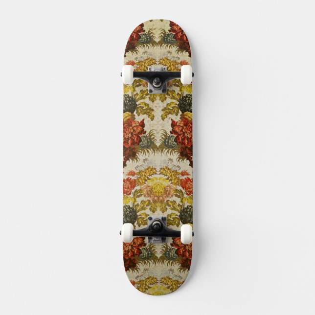 Textile with a repeating floral pattern skateboard (Front)