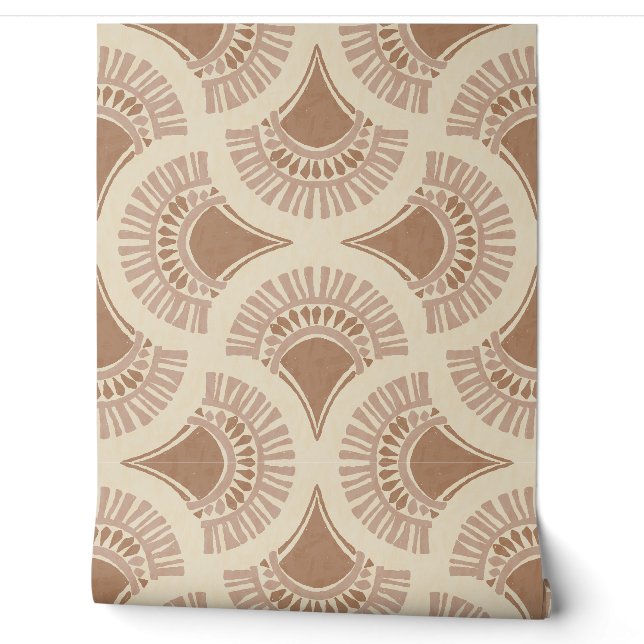 Textural Boho Geometric Sun Fan - Camel Brown Wallpaper (Unrolling)