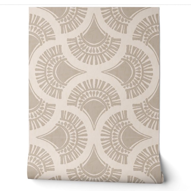 Textural Boho Geometric Sun Fan - Stone And Cream Wallpaper (Unrolling)