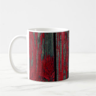 Texture of old wooden fence painted in red and ora coffee mug