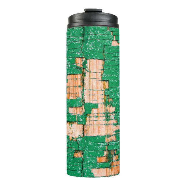 Texture of old wooden fence with shabby paint. Gre Thermal Tumbler (Front)