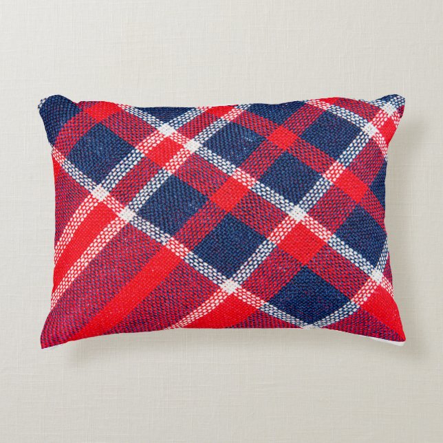 Texture of red and blue a checkered woolen fabric decorative cushion (Front)