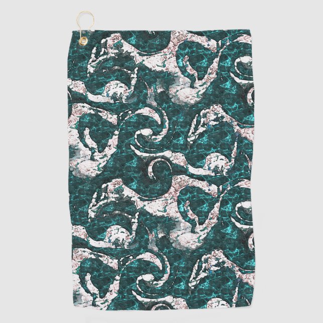 Texture of white spots mixed in aquamarine to cyan golf towel (Front)