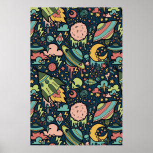 Texture Patterns Aliens Rockets Space Poster
