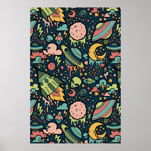 Texture Patterns Aliens Rockets Space Poster (Front)