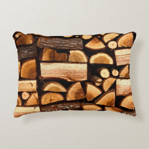 Texture. Pile of chopped fire wood stored, winterw Decorative Cushion