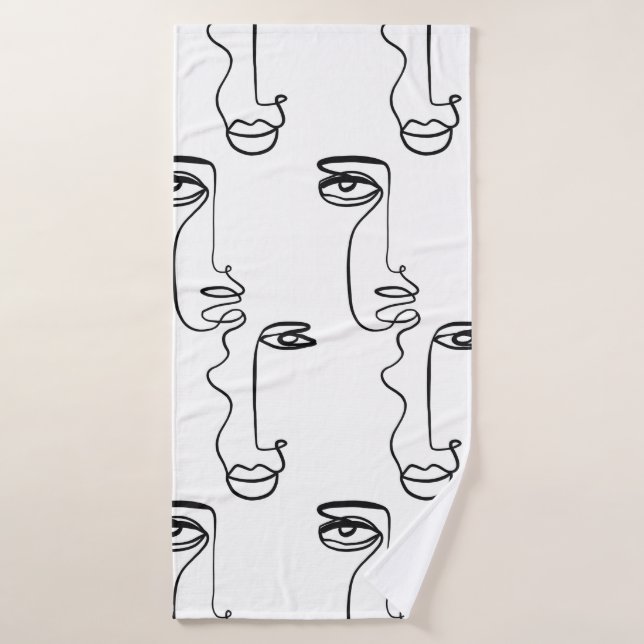 Texture with abstract faces. One continuous line p Bath Towel (Bath Towel)