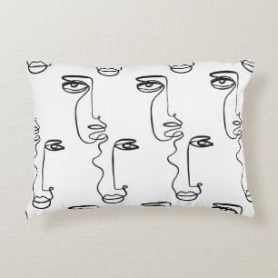 Texture with abstract faces. One continuous line p Decorative Cushion