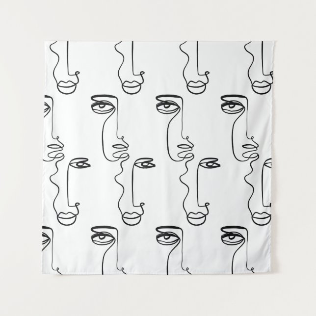 Texture with abstract faces. One continuous line p Tapestry (Front)