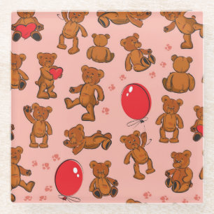 Texture With Teddy Bears, Hearts Glass Coaster