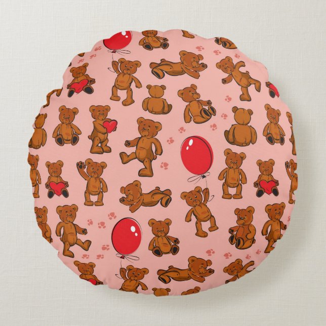 Texture With Teddy Bears, Hearts Round Cushion (Front)
